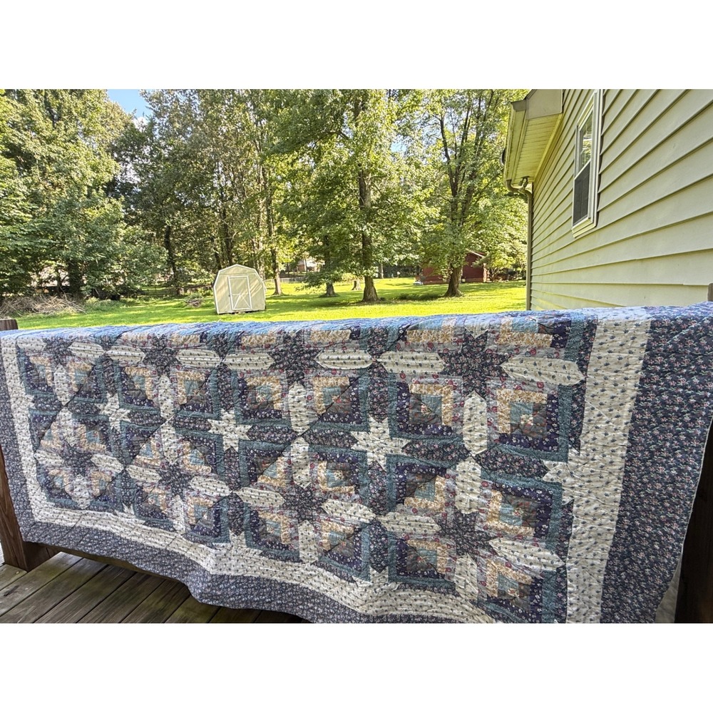 Handmade Patchwork Quilt Blue Floral Star Hand Stitched Cotton Cottagecore VTG